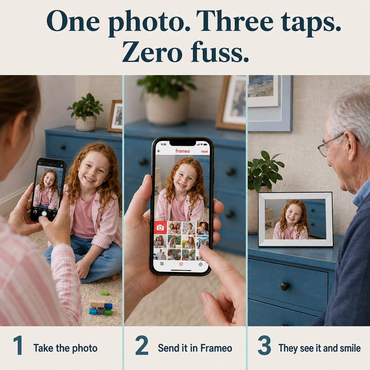 Cadre photo numérique Frameo WiFi 10,1″ – Blanc 32 Go — fonctionnement simple en trois étapes — vue 04/07