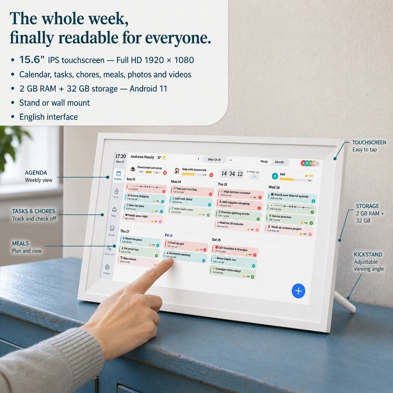 Calendrier familial numérique WiFi 15,6″ – Blanc — caractéristiques principales du calendrier — vue 05/07