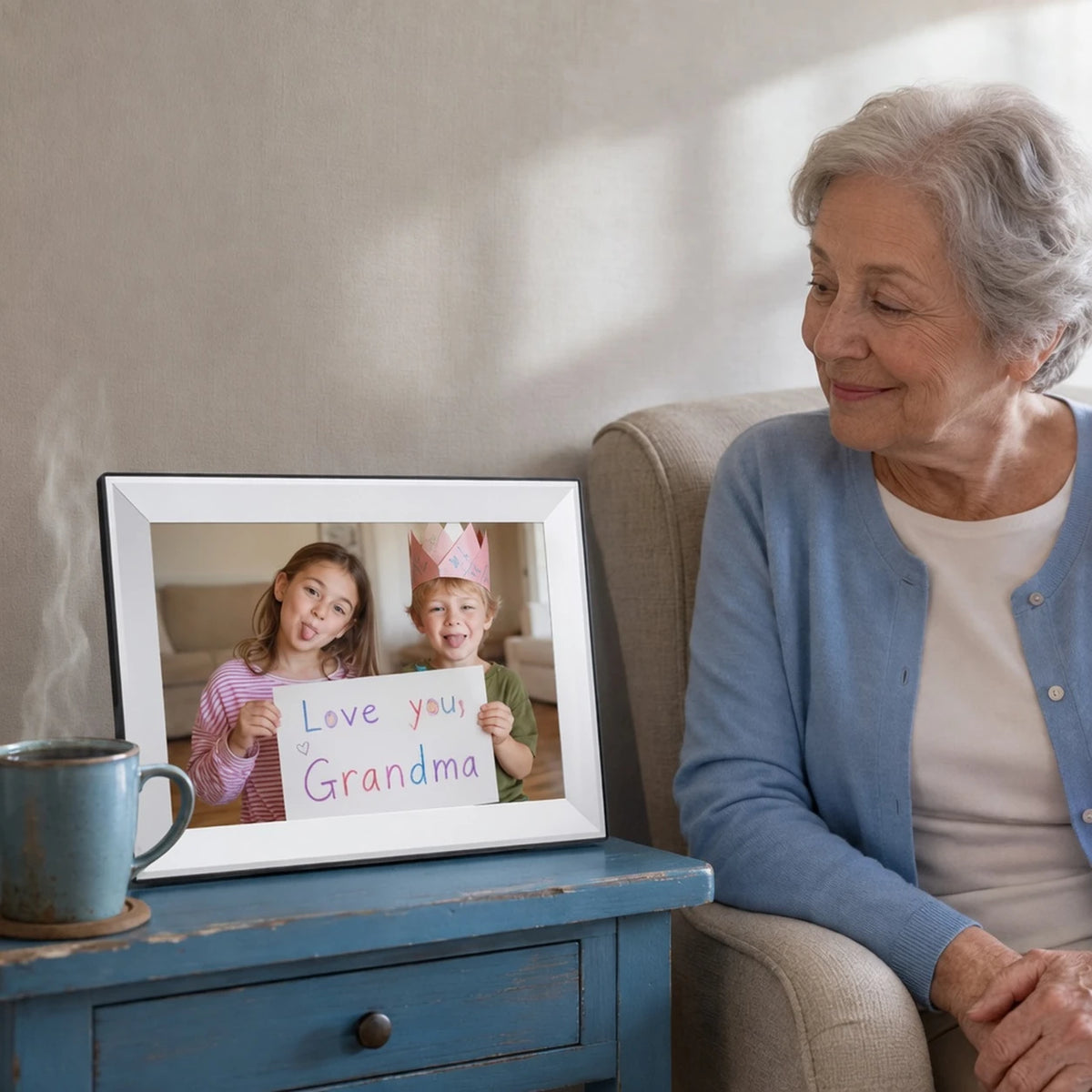 10.1-inch Frameo Digital Photo Frame, White 32 GB — frame in a family setting — image 2 of 7