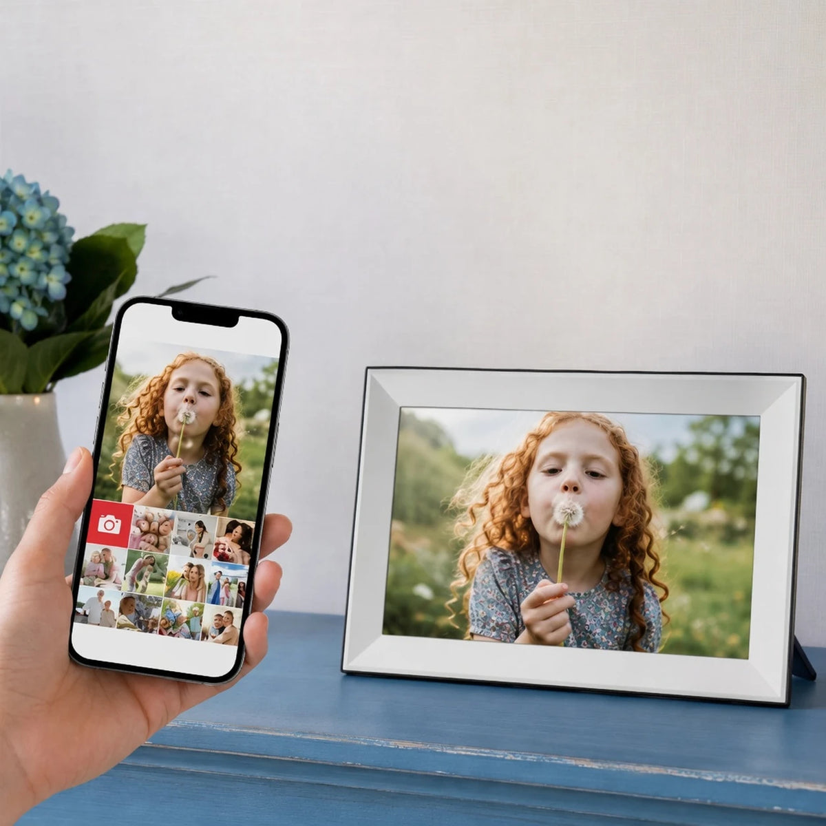 10.1-inch Frameo Digital Photo Frame, White 32 GB — sharing a photo with the Frameo app — image 3 of 7