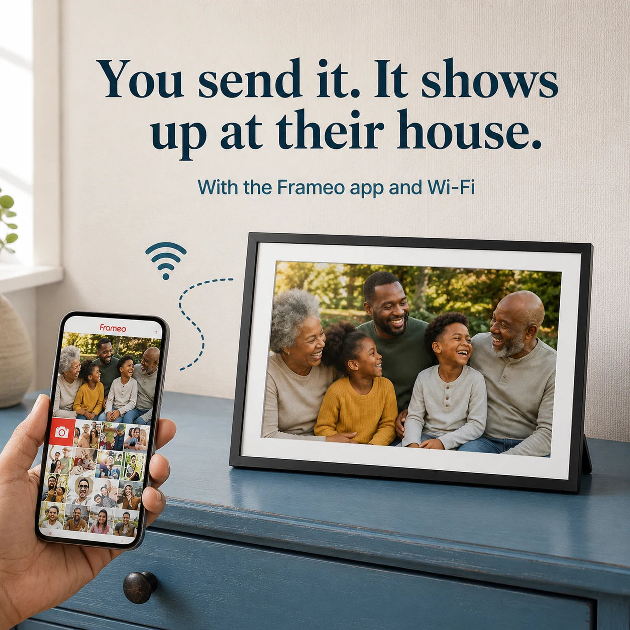 Grand cadre photo numérique Frameo WiFi 15,6″ – Prise US — envoi d'une photo depuis l'application Frameo — vue 03/07