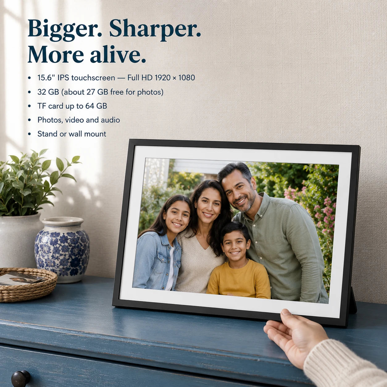 Grand cadre photo numérique Frameo WiFi 15,6″ – Prise US — caractéristiques principales du cadre — vue 05/07