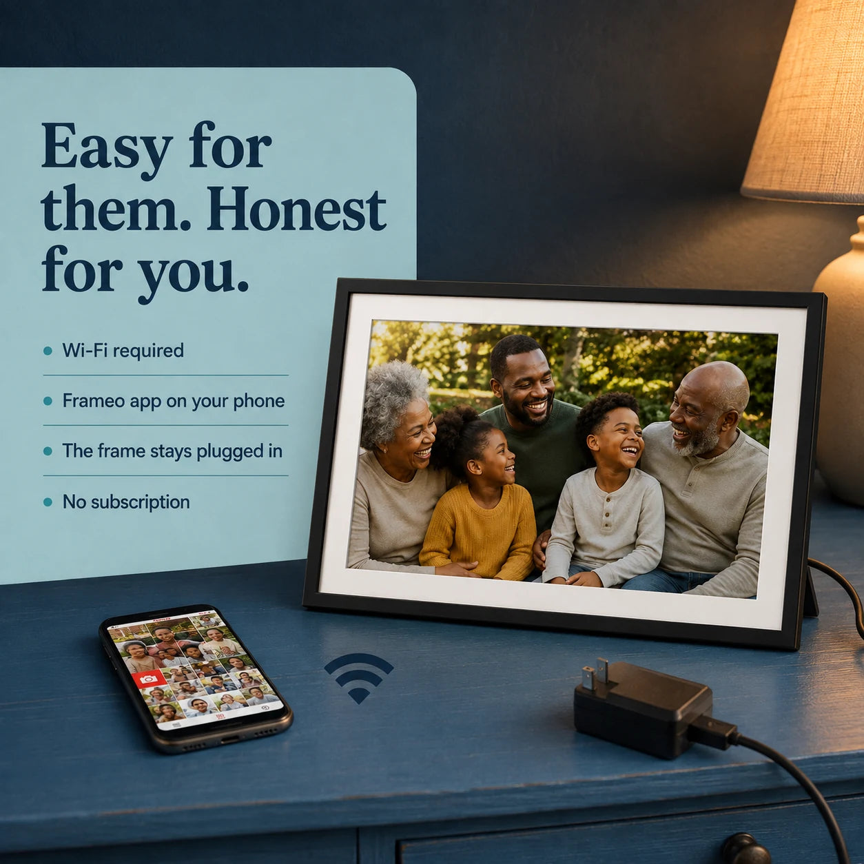 Grand cadre photo numérique Frameo WiFi 15,6″ – Prise US — connexion Wi-Fi et utilisation simplifiée — vue 06/07