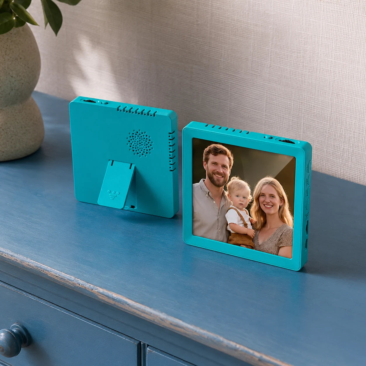 Mini cadre photo numérique 4″ Bluetooth – Bleu turquoise — vue produit sur fond blanc — vue 01/07