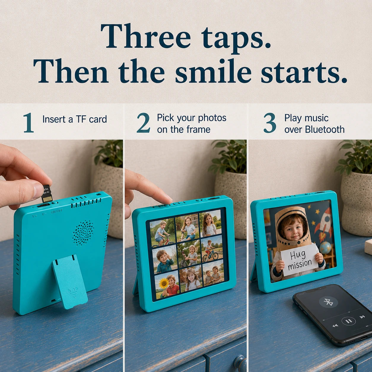 Mini cadre photo numérique 4″ Bluetooth – Bleu turquoise