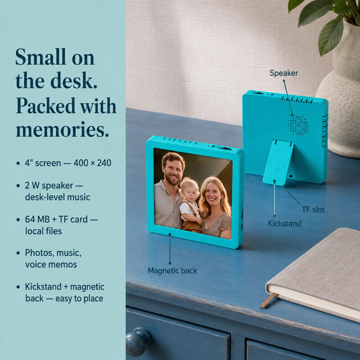 Mini cadre photo numérique 4″ Bluetooth – Bleu turquoise — caractéristiques principales du mini cadre — vue 05/07