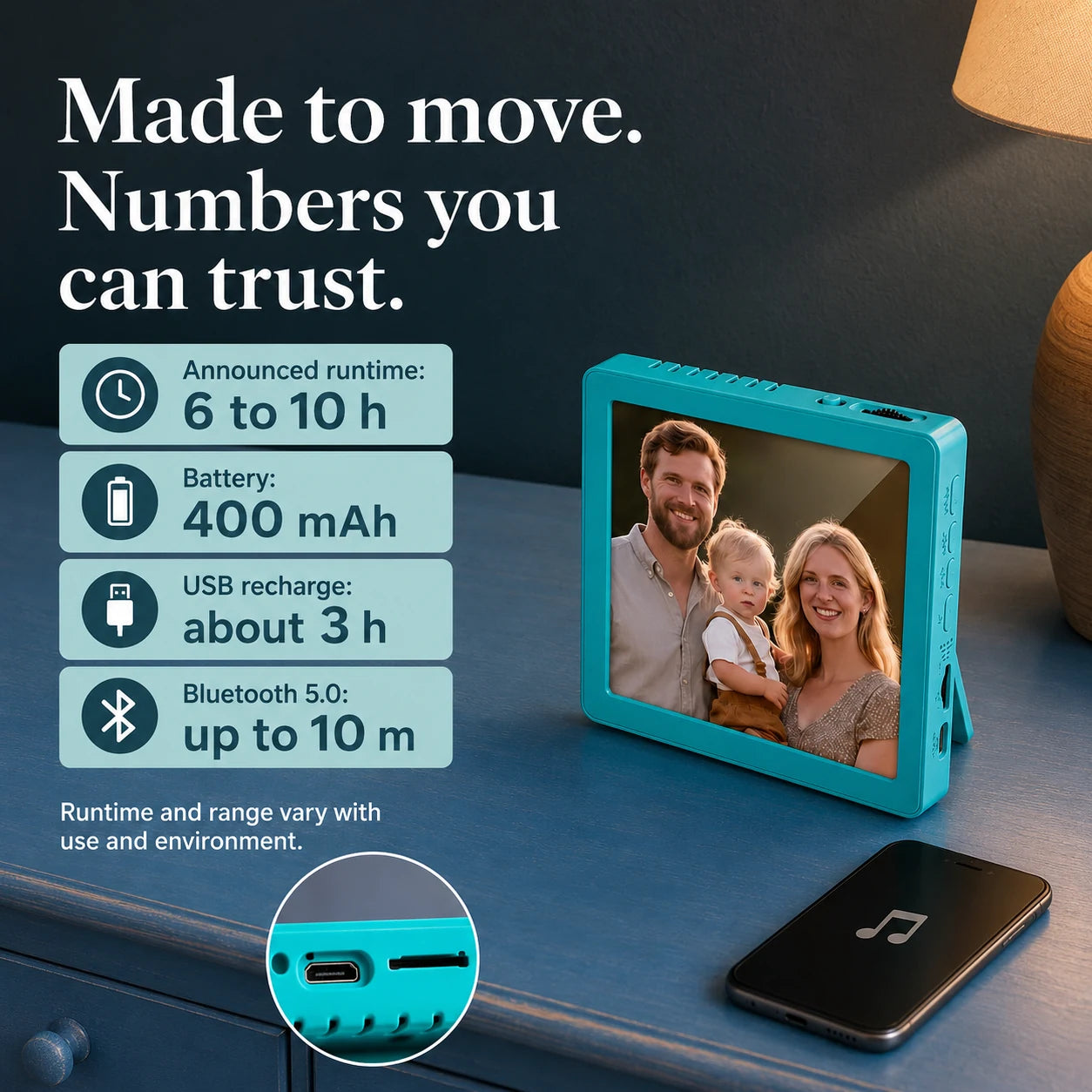 Mini cadre photo numérique 4″ Bluetooth – Bleu turquoise — connexion Bluetooth et utilisation simplifiée — vue 06/07