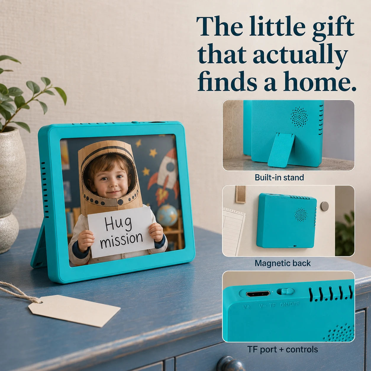Mini cadre photo numérique 4″ Bluetooth – Bleu turquoise — petit cadeau souvenir prêt à offrir — vue 07/07