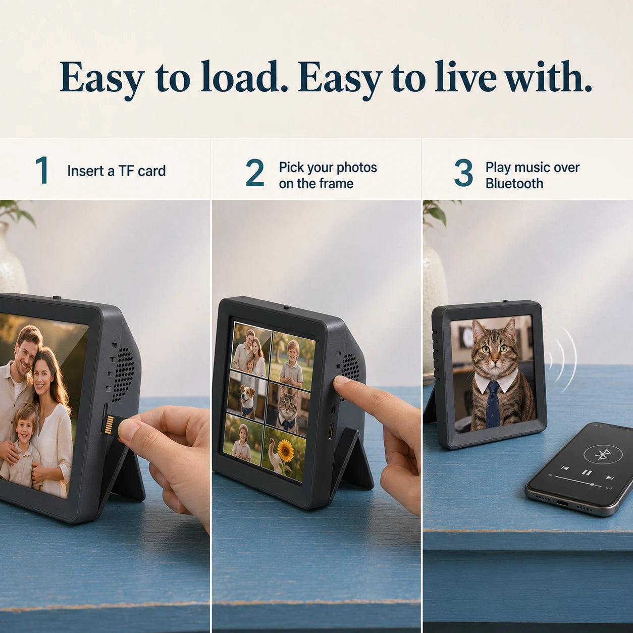 Mini cadre photo numérique 4″ Bluetooth – Gris anthracite — fonctionnement simple en trois étapes — vue 04/07