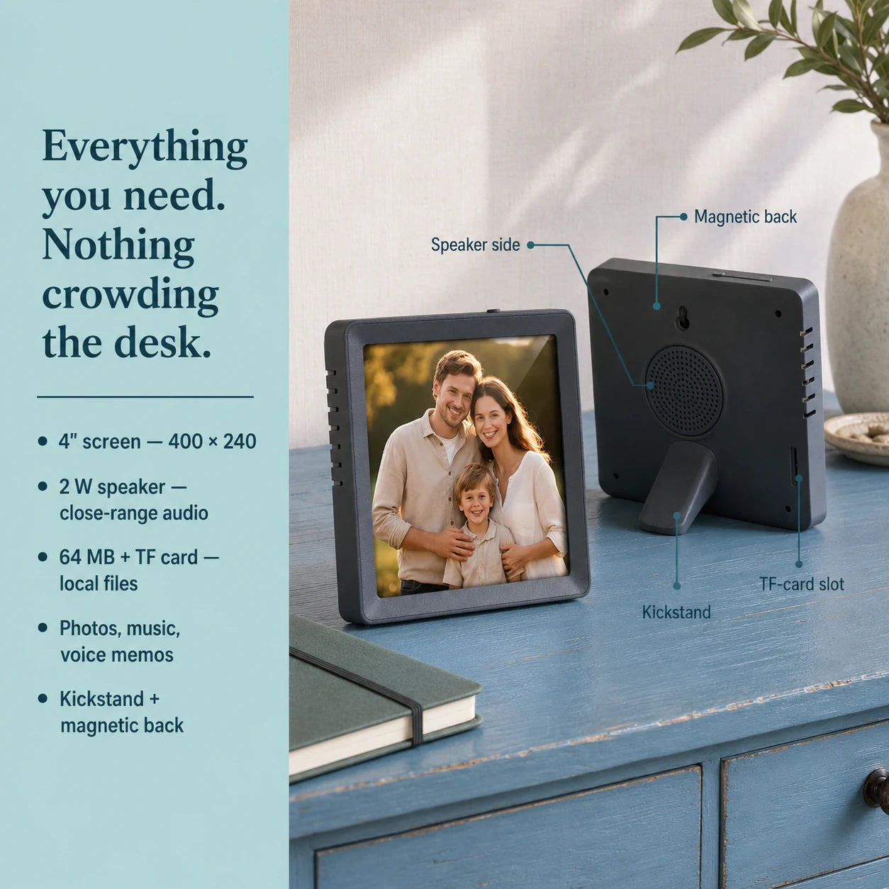 Mini cadre photo numérique 4″ Bluetooth – Gris anthracite — caractéristiques principales du mini cadre — vue 05/07