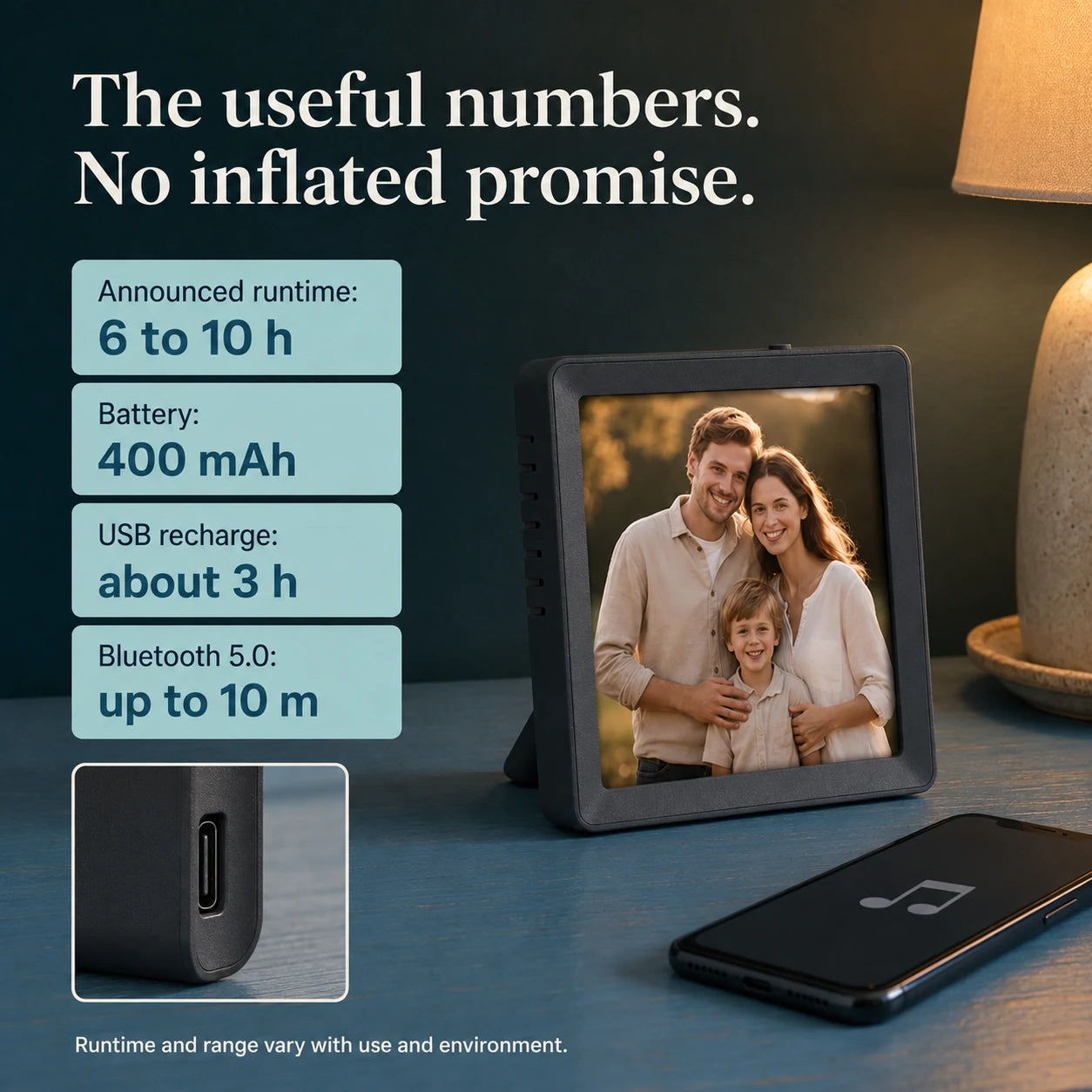 Mini cadre photo numérique 4″ Bluetooth – Gris anthracite — connexion Bluetooth et utilisation simplifiée — vue 06/07