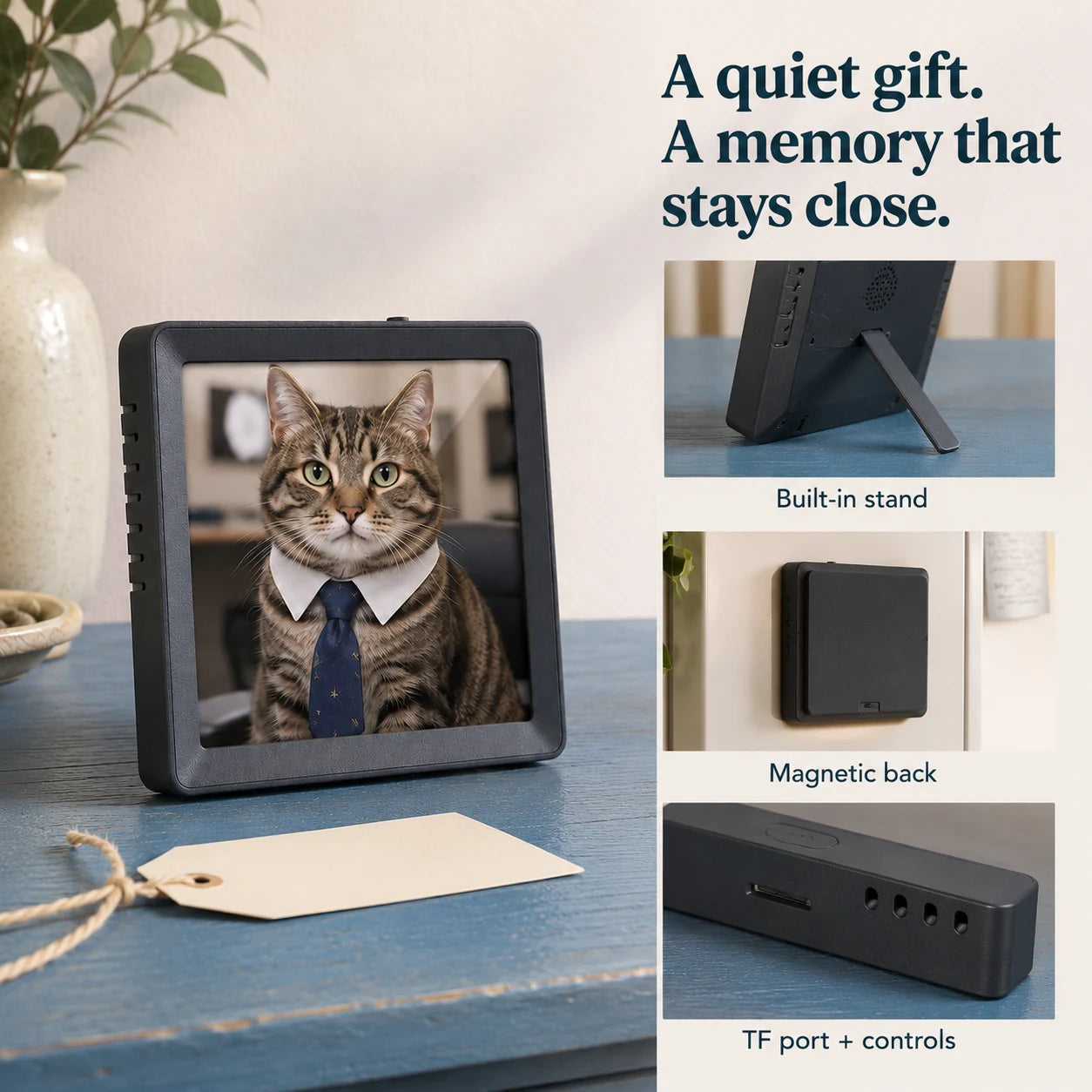 Mini cadre photo numérique 4″ Bluetooth – Gris anthracite — petit cadeau souvenir prêt à offrir — vue 07/07