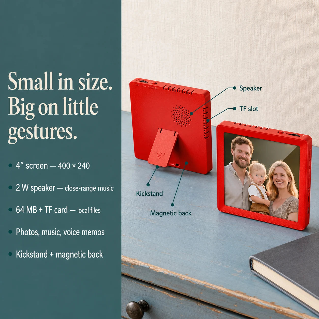 Mini cadre photo numérique 4″ Bluetooth – Rouge — caractéristiques principales du mini cadre — vue 05/07