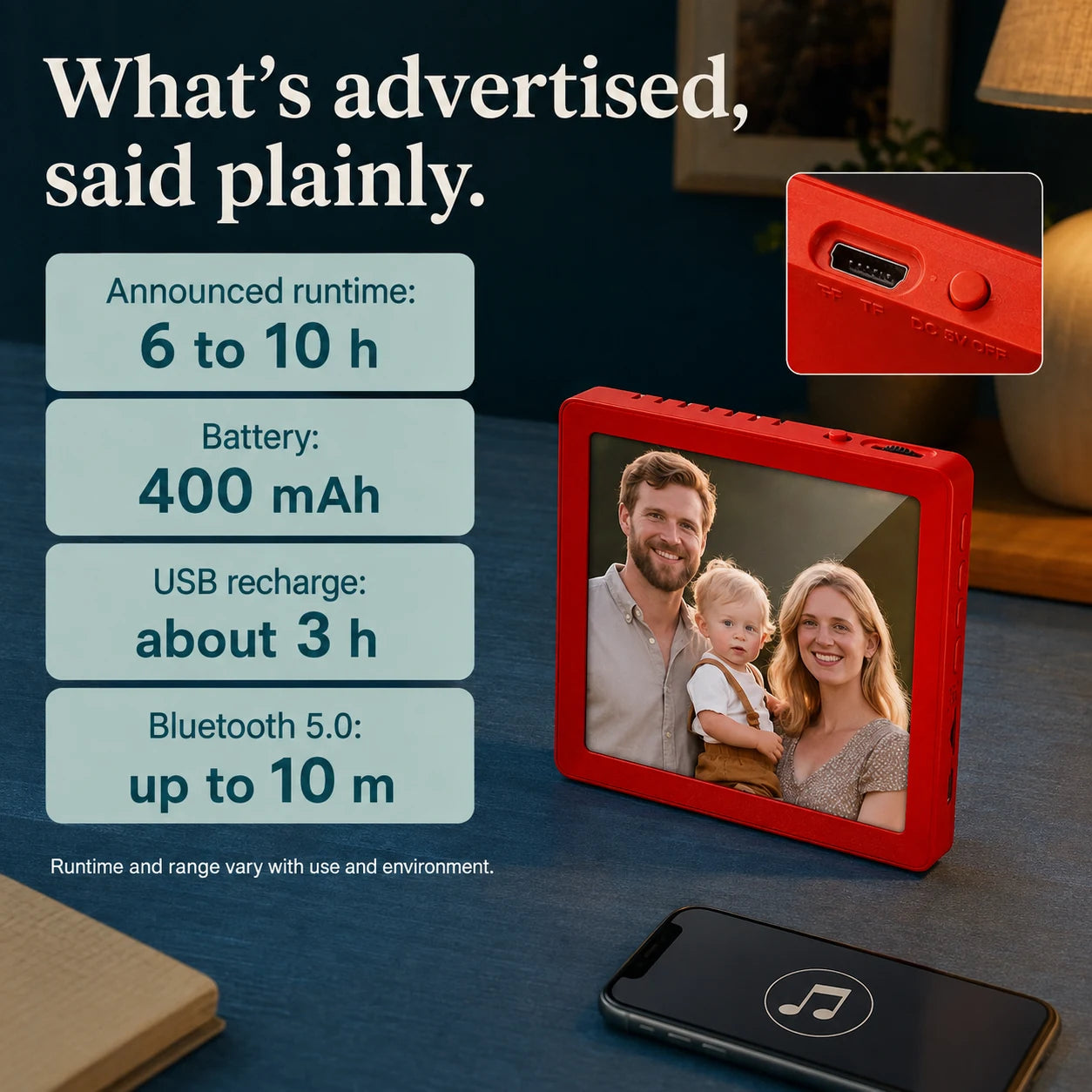 Mini cadre photo numérique 4″ Bluetooth – Rouge — connexion Bluetooth et utilisation simplifiée — vue 06/07
