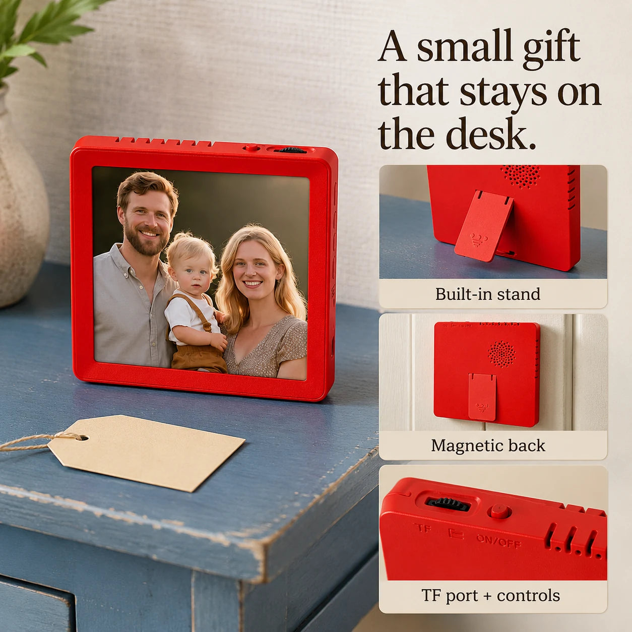 Mini cadre photo numérique 4″ Bluetooth – Rouge — petit cadeau souvenir prêt à offrir — vue 07/07